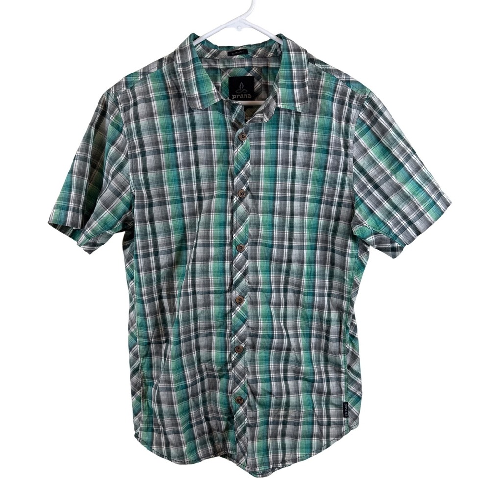 Prana Slim‎ Fit Plaid Button Up Short Sleeve Casual Shirt Men's Size Large